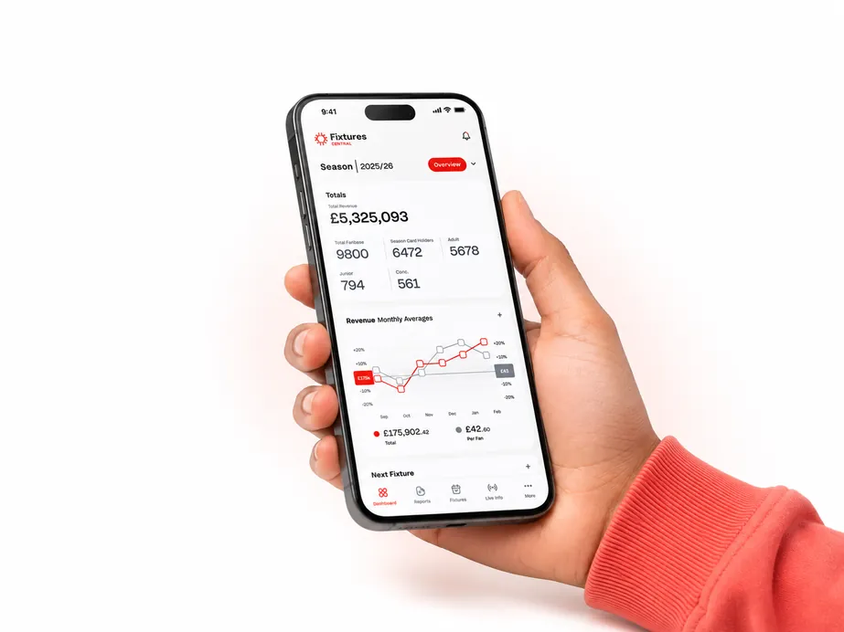 A hand holding a phone showing the Central Pulse app — season revenue and stat tiles