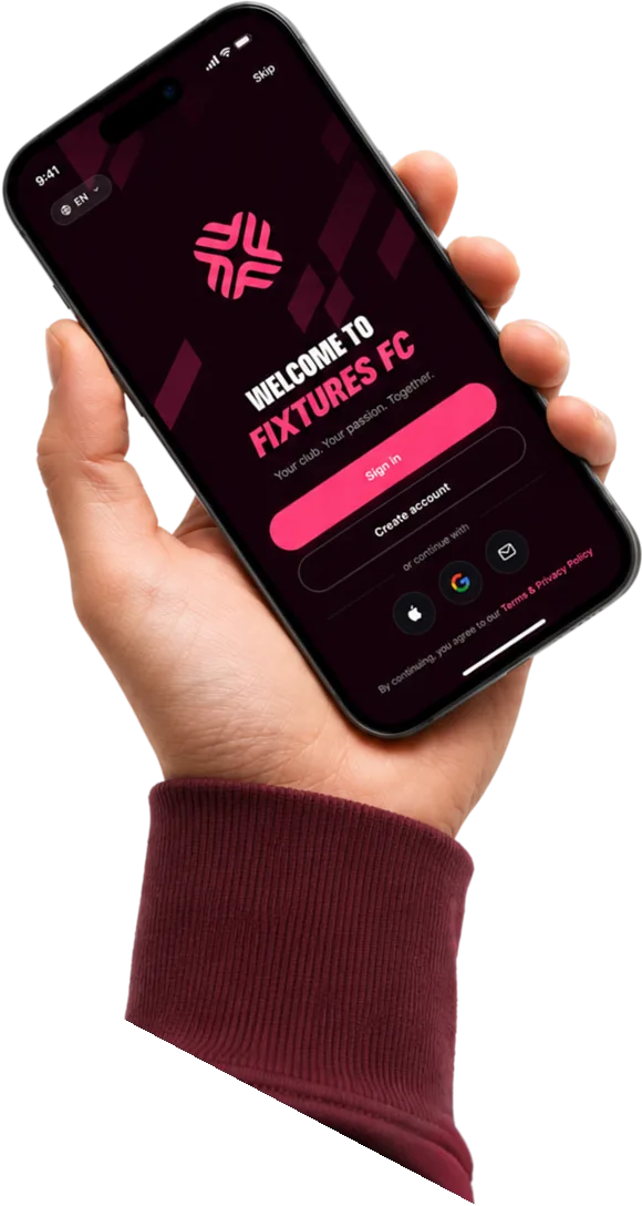 A hand holding a phone showing the club's branded welcome screen
