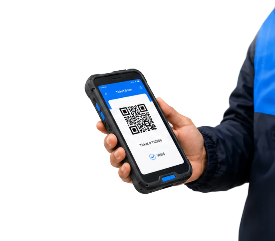 A steward holding a handheld scanner showing a validated ticket